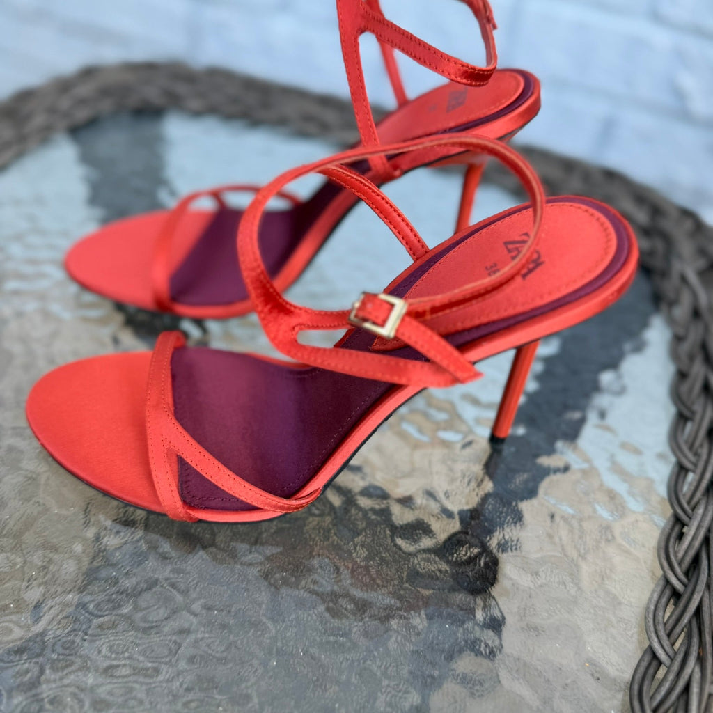 Zara Satin Red Stiletto Heels Size 38 (7.5)