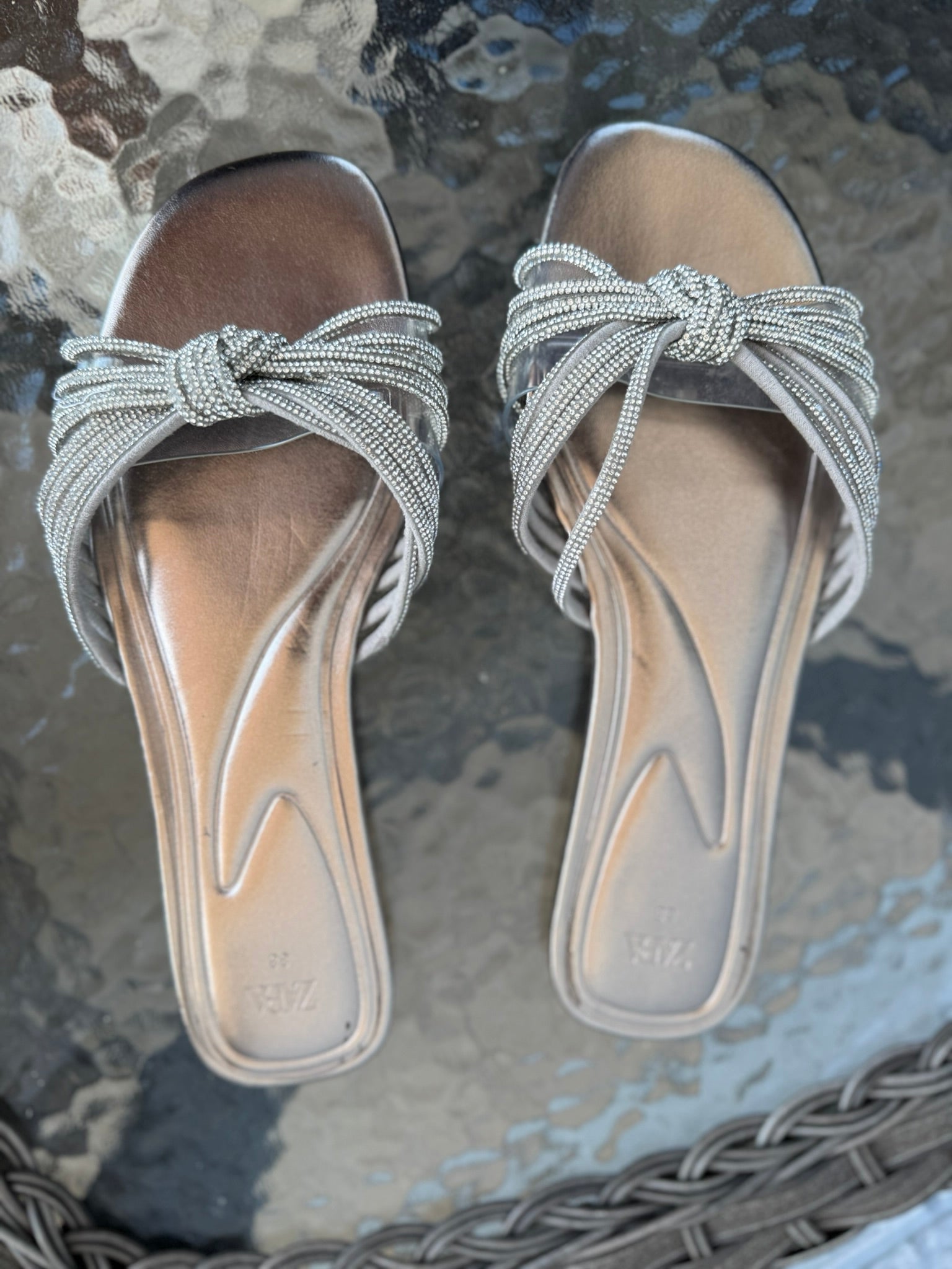 Zara Metallic Embellished Knot Slide Sandals Size 38 (7.5)