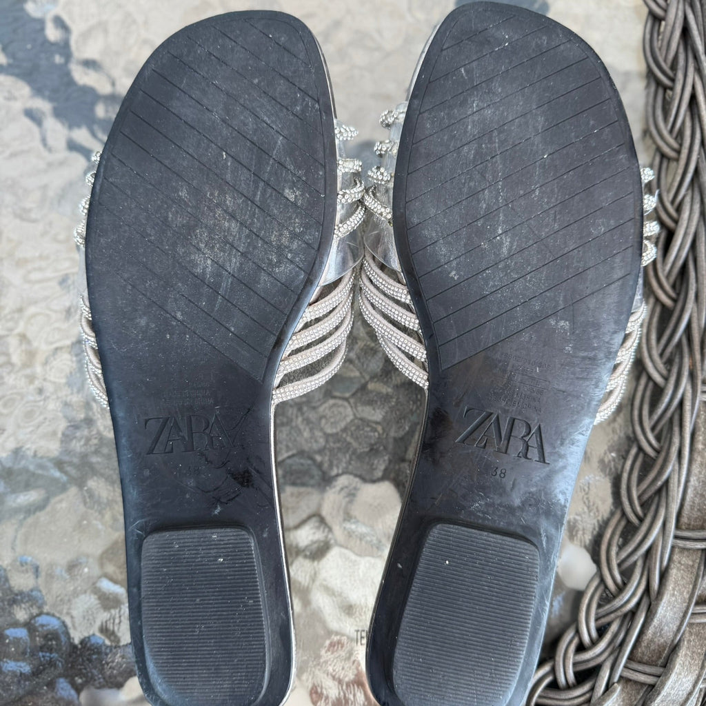 Zara Metallic Embellished Knot Slide Sandals Size 38 (7.5)