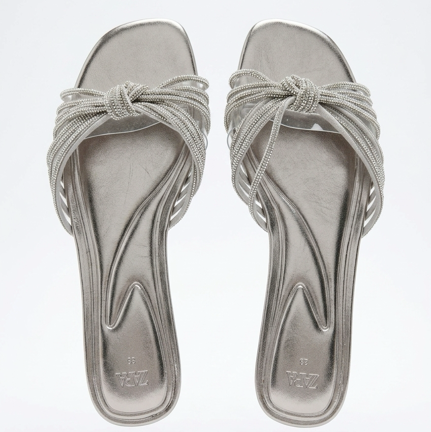 Zara Metallic Embellished Knot Slide Sandals Size 38 (7.5)