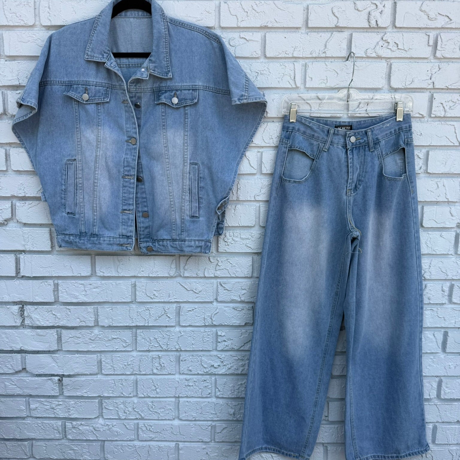 Scacto Sleeveless Denim Jacket and Cut out Pants Set Size Small