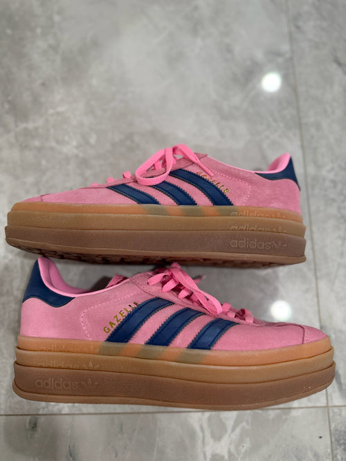 Adidas Gazelle Pink Suede Sneakers – Navy Stripes, Gum Sole, Size 8