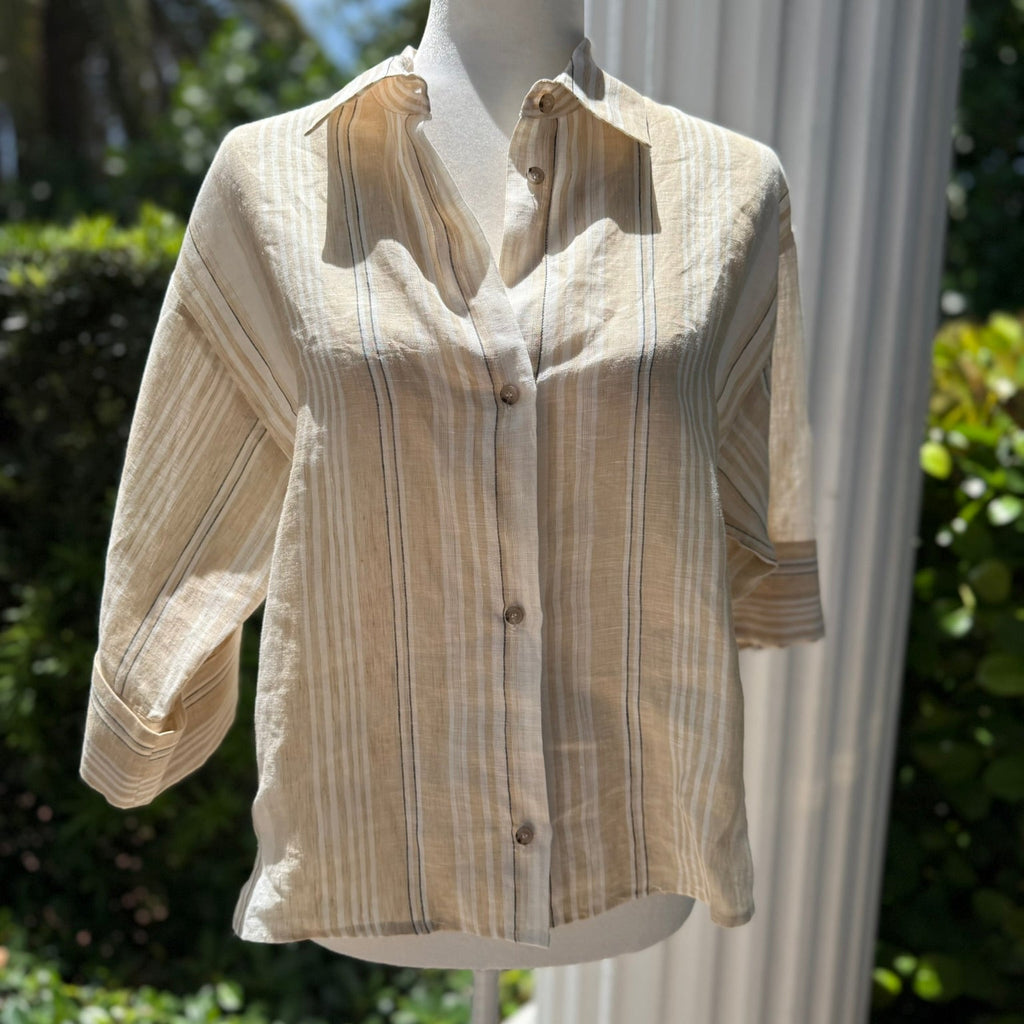 Perserico Striped Linen Button Down Shirt Size 46 (US 10-12/Large)