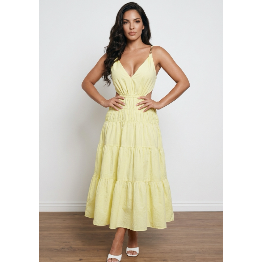 Maje Yellow Tiered Cutout Midi Dress Size 36 (XS/S 2/4)