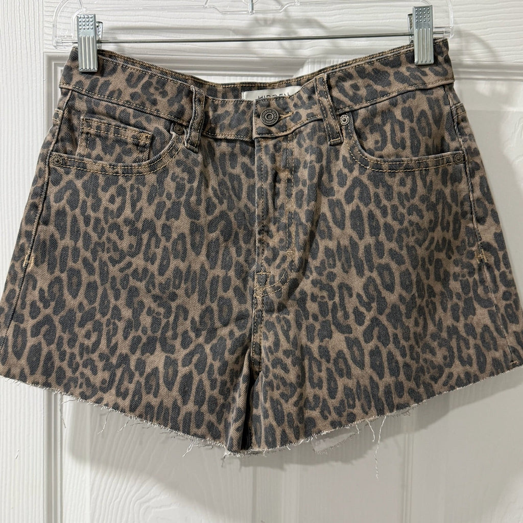 Hidden LA Leopard Print Denim Shorts – High Waist, Raw Hem, Size S