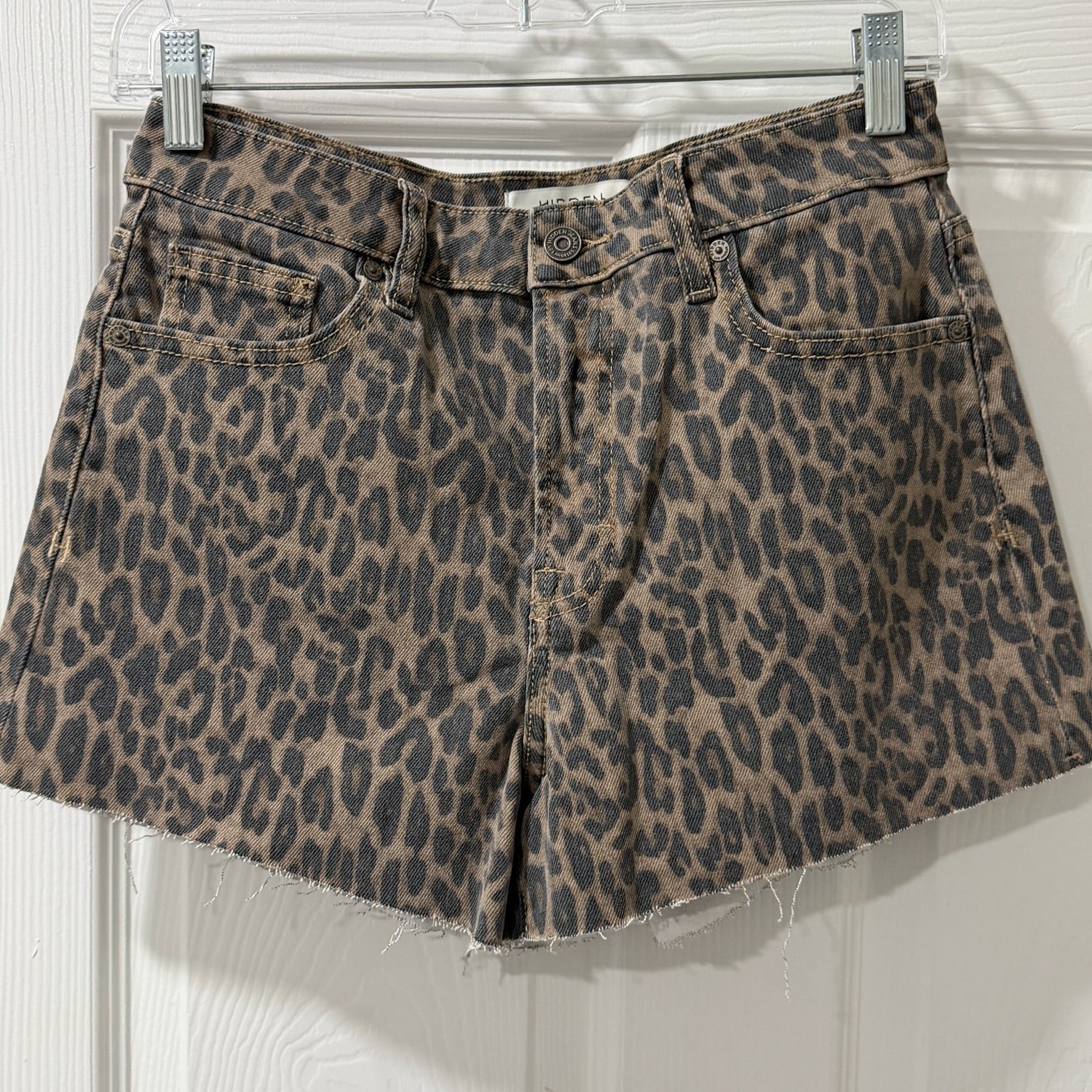 Hidden LA Leopard Print Denim Shorts – High Waist, Raw Hem, Size S