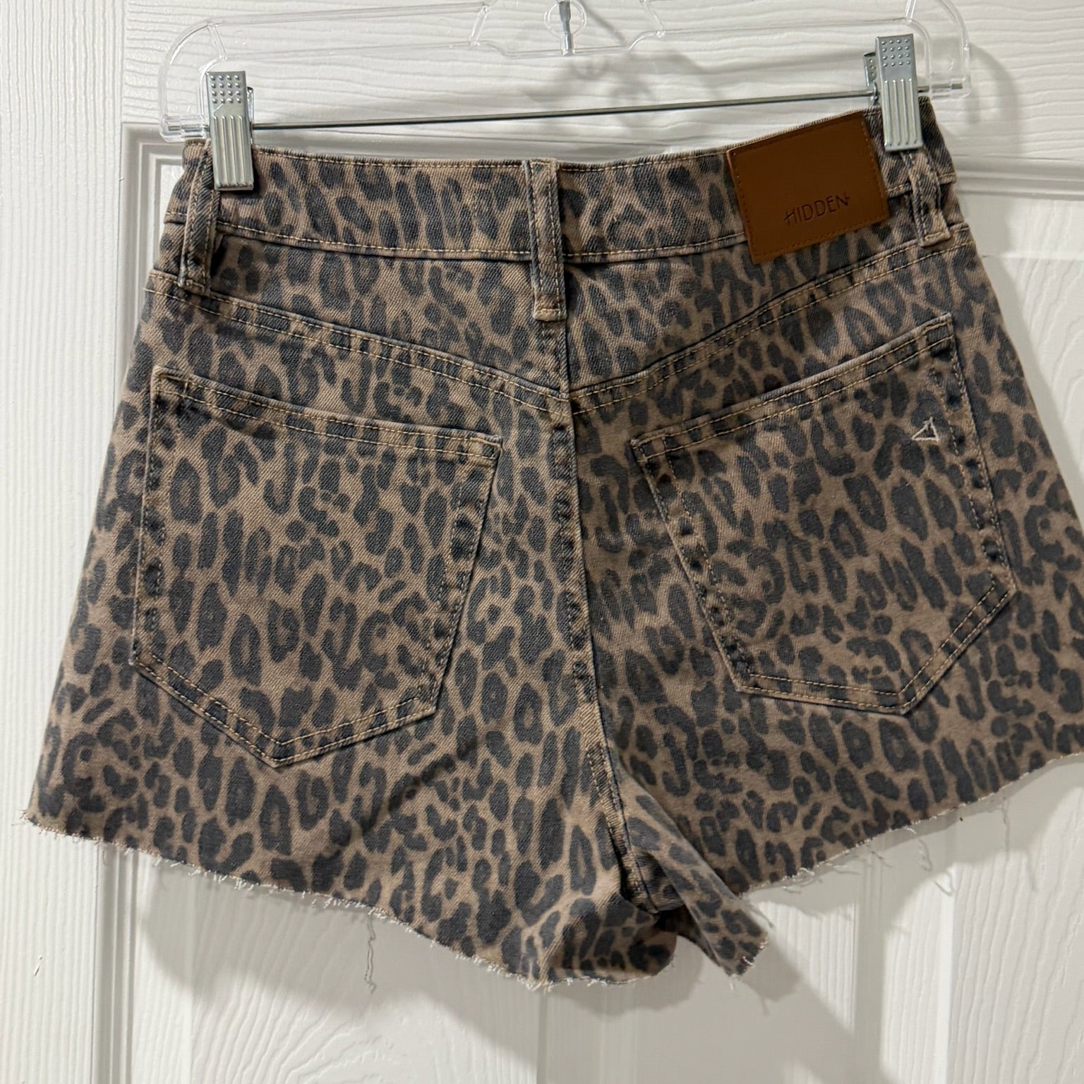 Hidden LA Leopard Print Denim Shorts – High Waist, Raw Hem, Size S