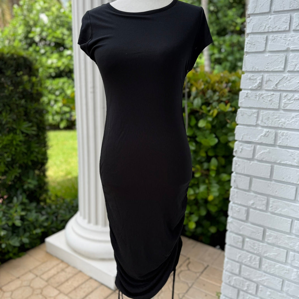 Tart Black Ribbed Side-Ruched Midi Dress Size XS