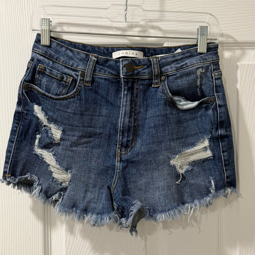 Eunina Lulu High Rise Cutoff Shorts – Medium Wash, Frayed Hem, Size S
