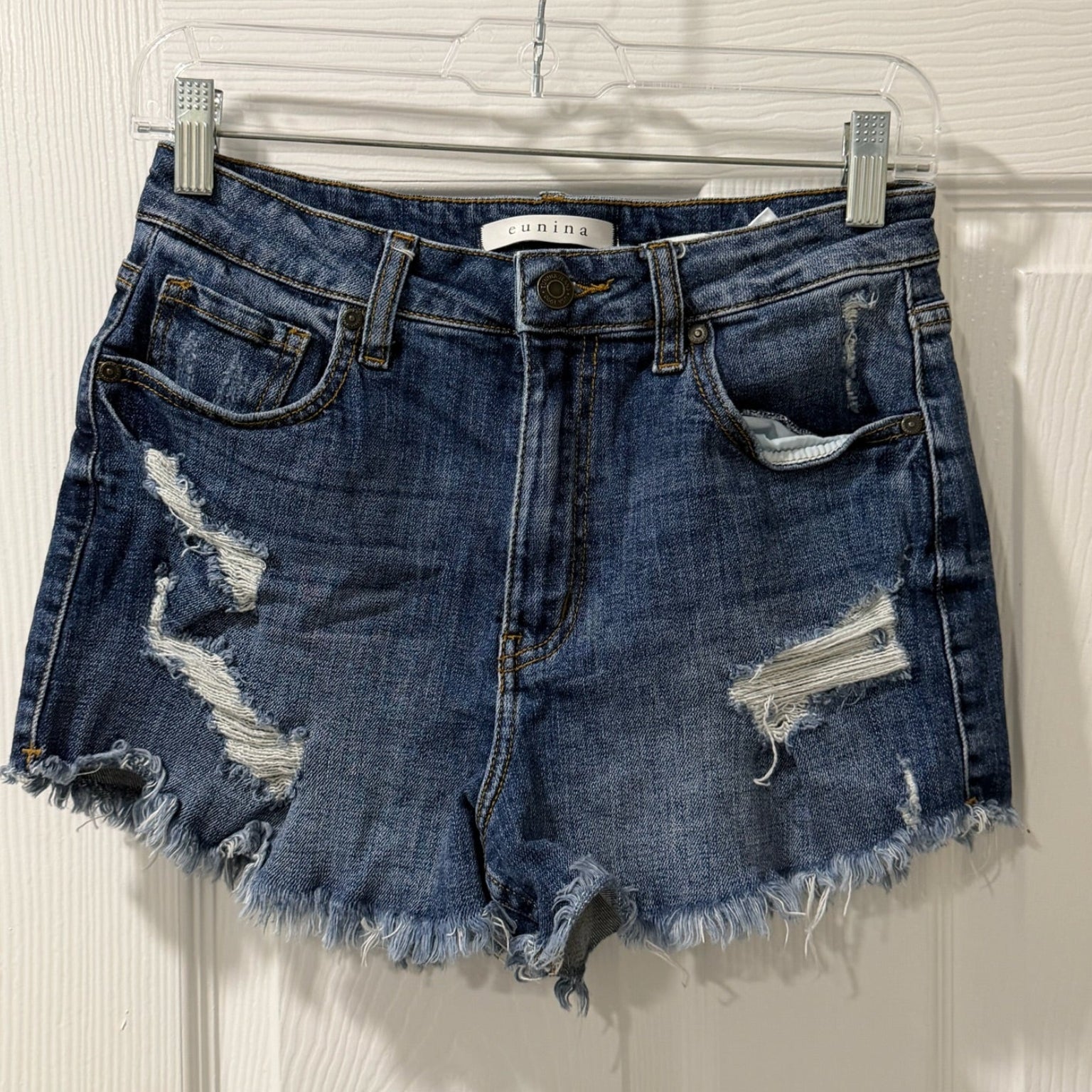 Eunina Lulu High Rise Cutoff Shorts – Medium Wash, Frayed Hem, Size S