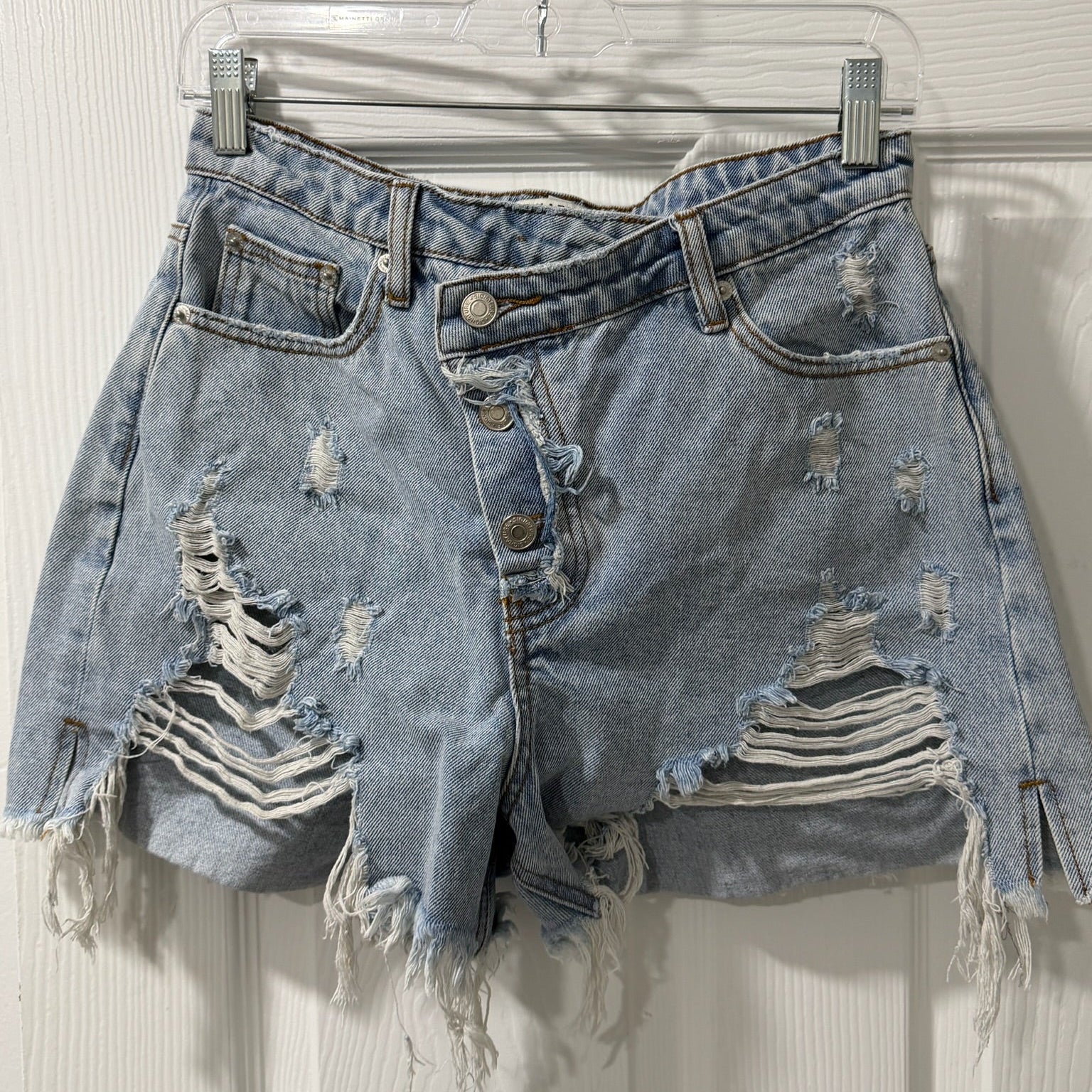 Signature 8 Distressed Denim Shorts – Asymmetric Fly, Raw Hem, Size M