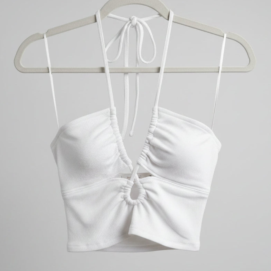Olivaceous White Ruched Cici Halter Top – Ring Cutout, Size M