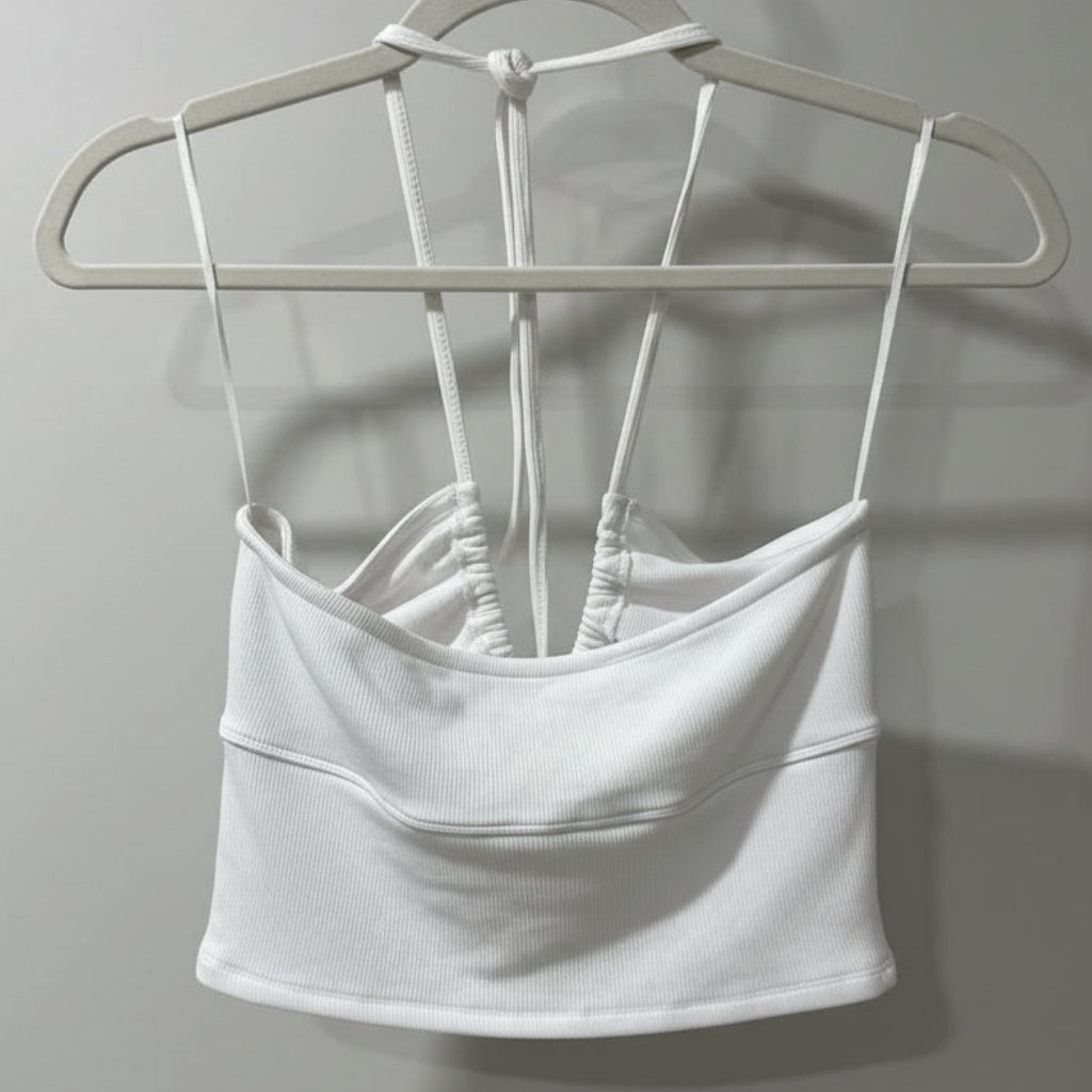 Olivaceous White Ruched Cici Halter Top – Ring Cutout, Size M