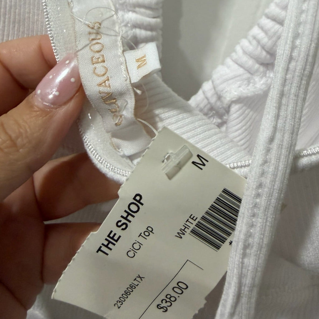 Olivaceous White Ruched Cici Halter Top – Ring Cutout, Size M
