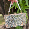 Clear Crystal Beaded Pearl Handle Clutch