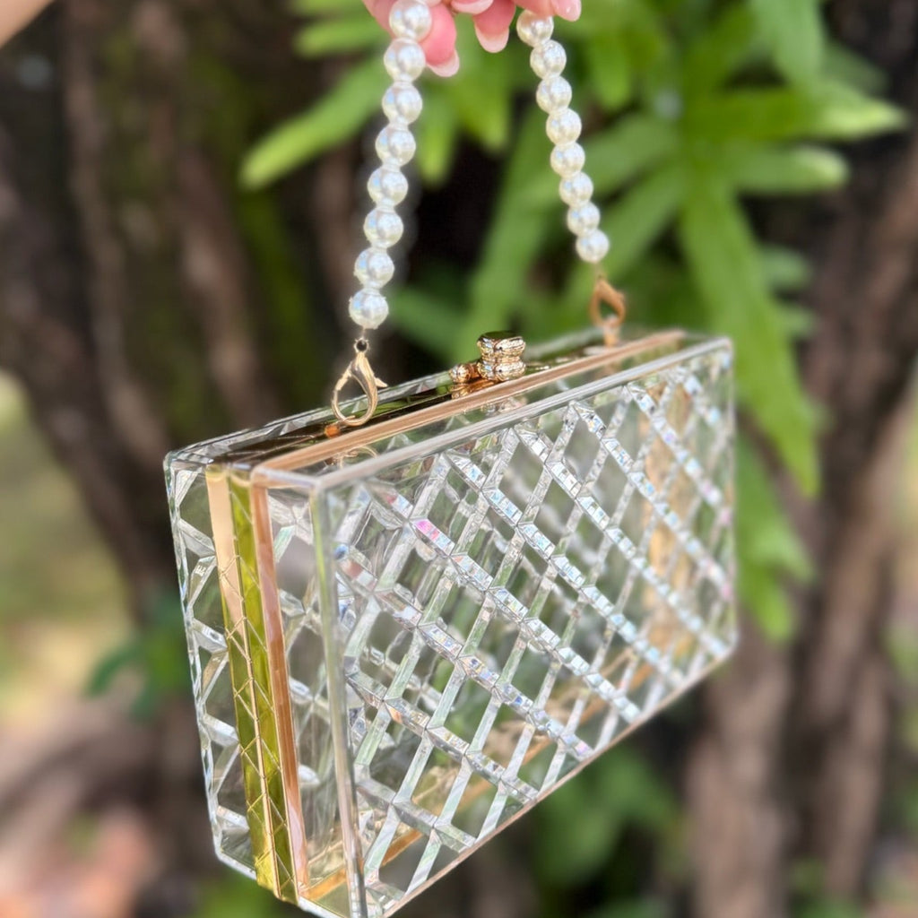 Clear Crystal Beaded Pearl Handle Clutch