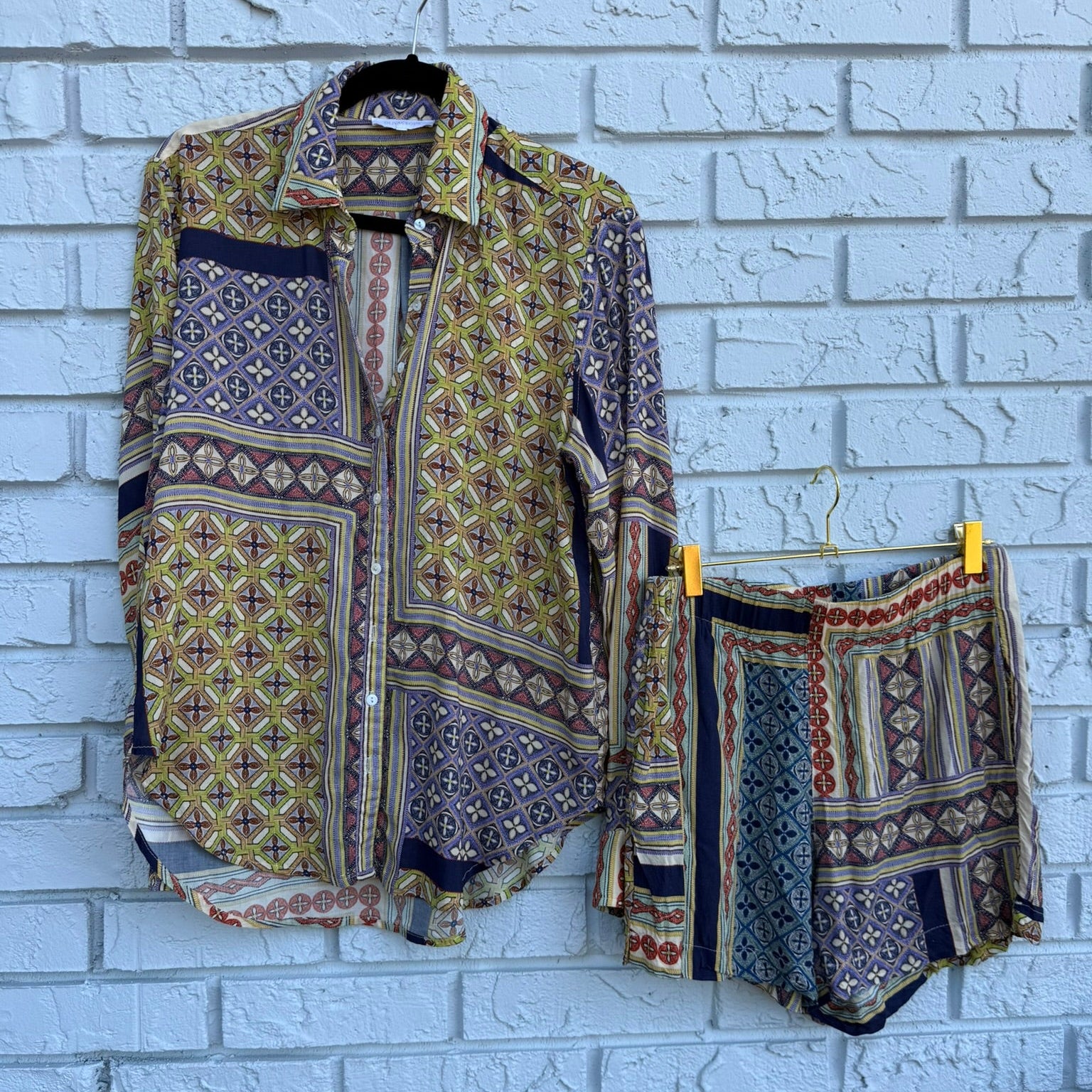 Olivaceous Printed Matching Button-Down Set (Top Size Small/ Shorts Size Medium)