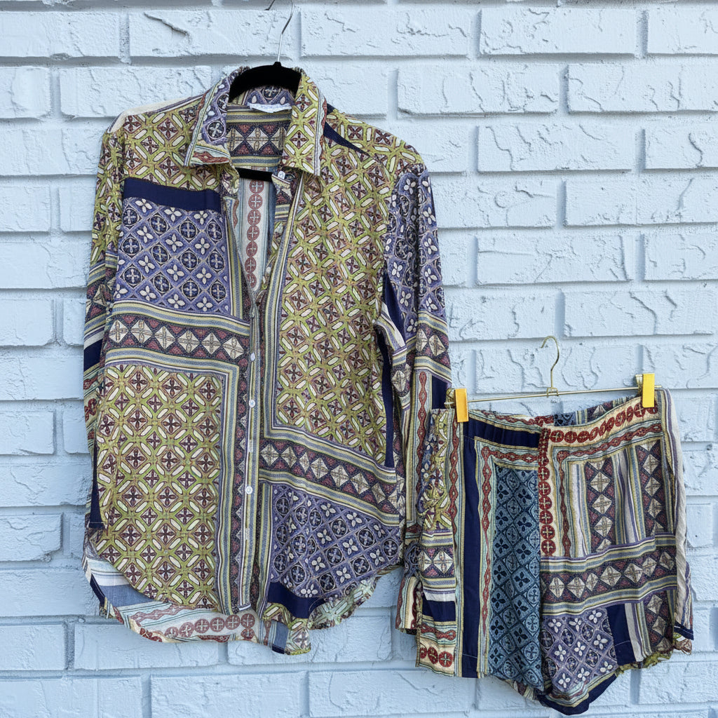 Olivaceous Printed Matching Button-Down Set (Top Size Small/ Shorts Size Medium)