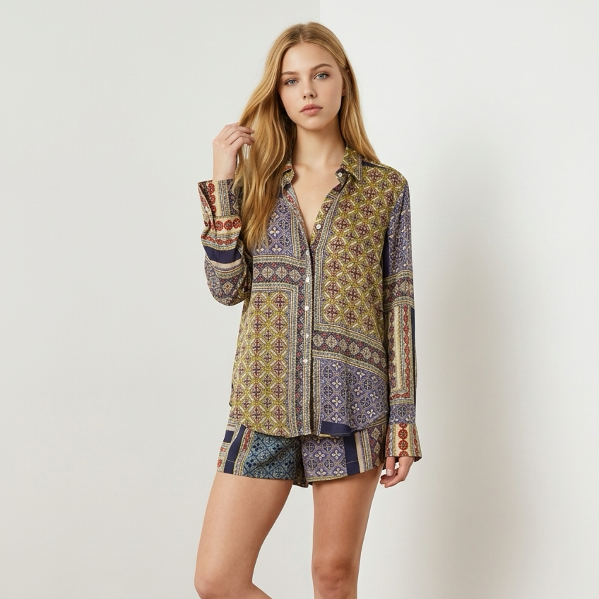 Olivaceous Printed Matching Button-Down Set (Top Size Small/ Shorts Size Medium)