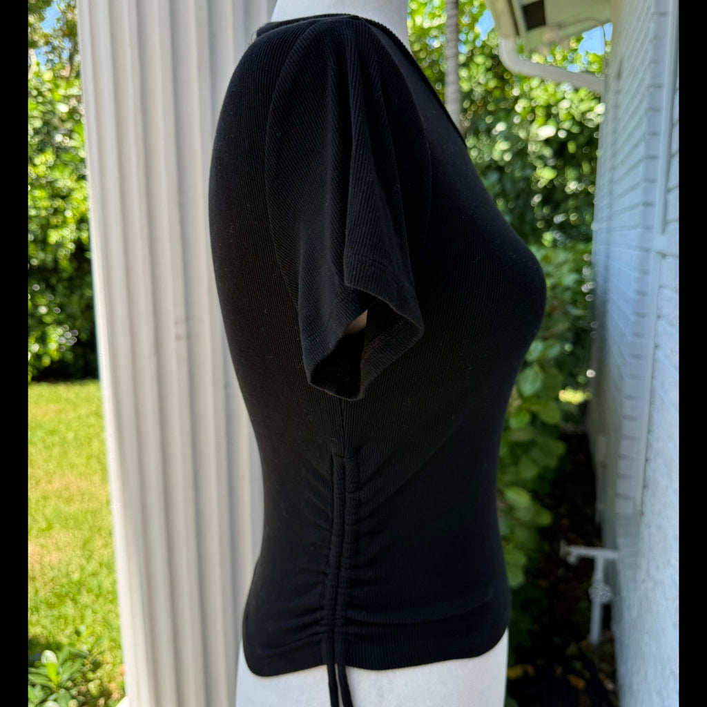 Olivaceous Ribbed Side-Ruched Black Top Size Large