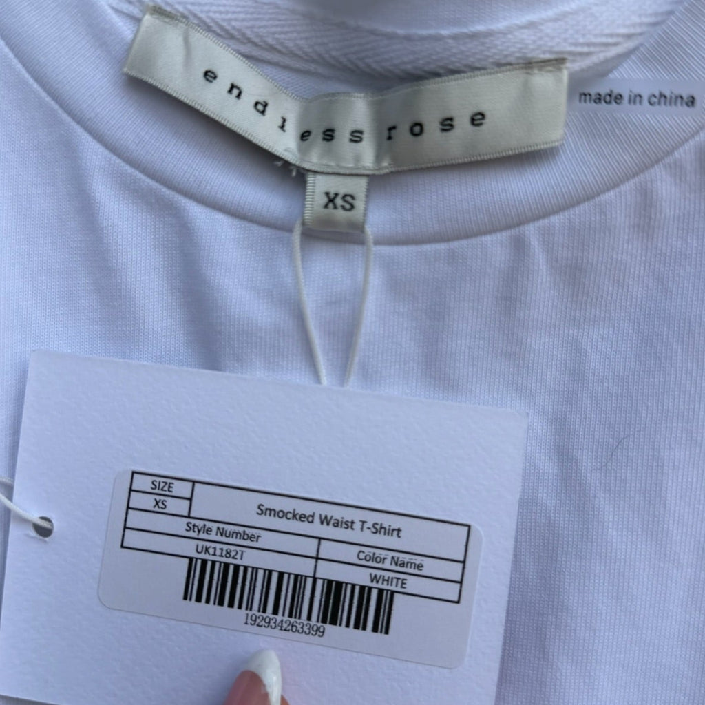 Endless Rose White Smocked Waist Top NWT Size XS | Ruffle Hem Cotton Blend Tee
