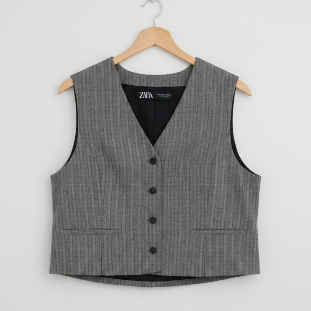 Zara Herringbone Tailored Waistcoat Size S | Gray Button-Front Vest