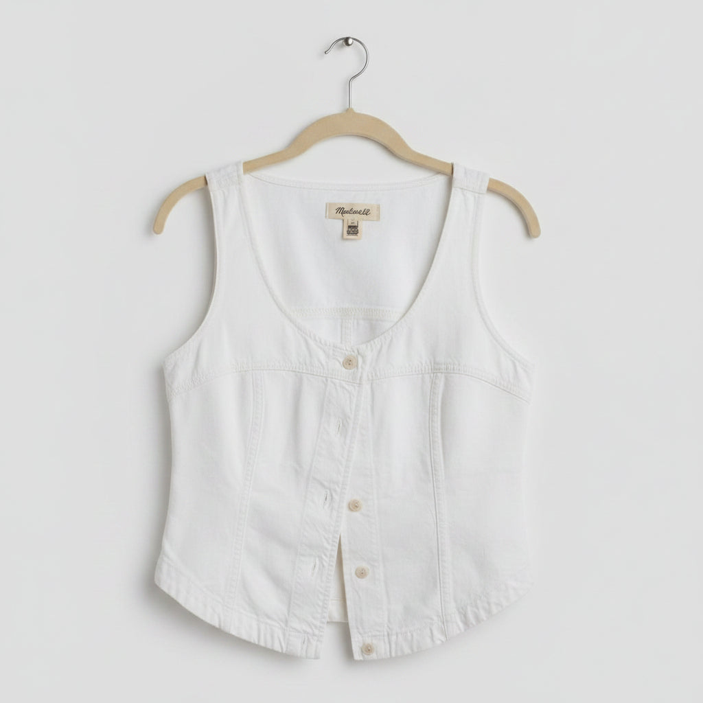 Madewell White Denim Button-Down Vest Size 2 | Sleeveless Cotton Top