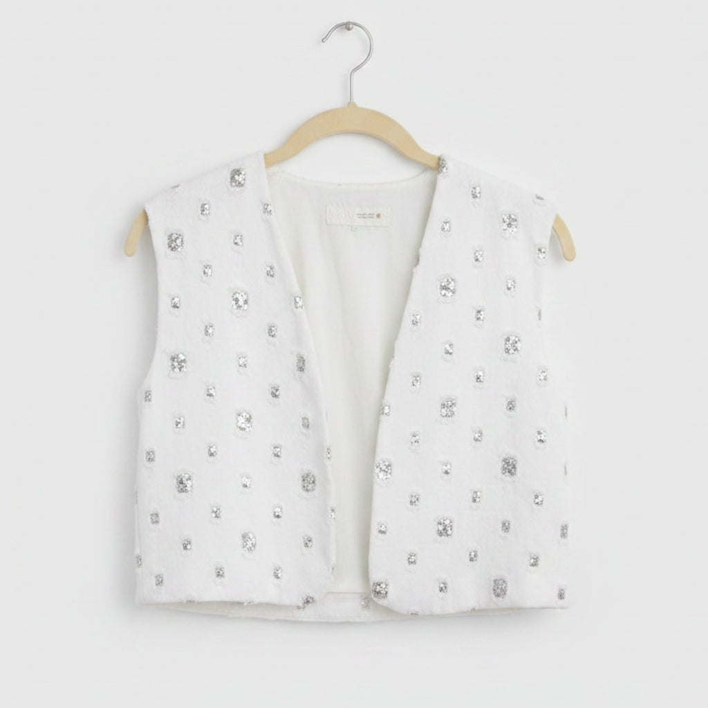 Zara White Sequin Embellished Sleeveless Vest Size XS | Textured Statement Top
