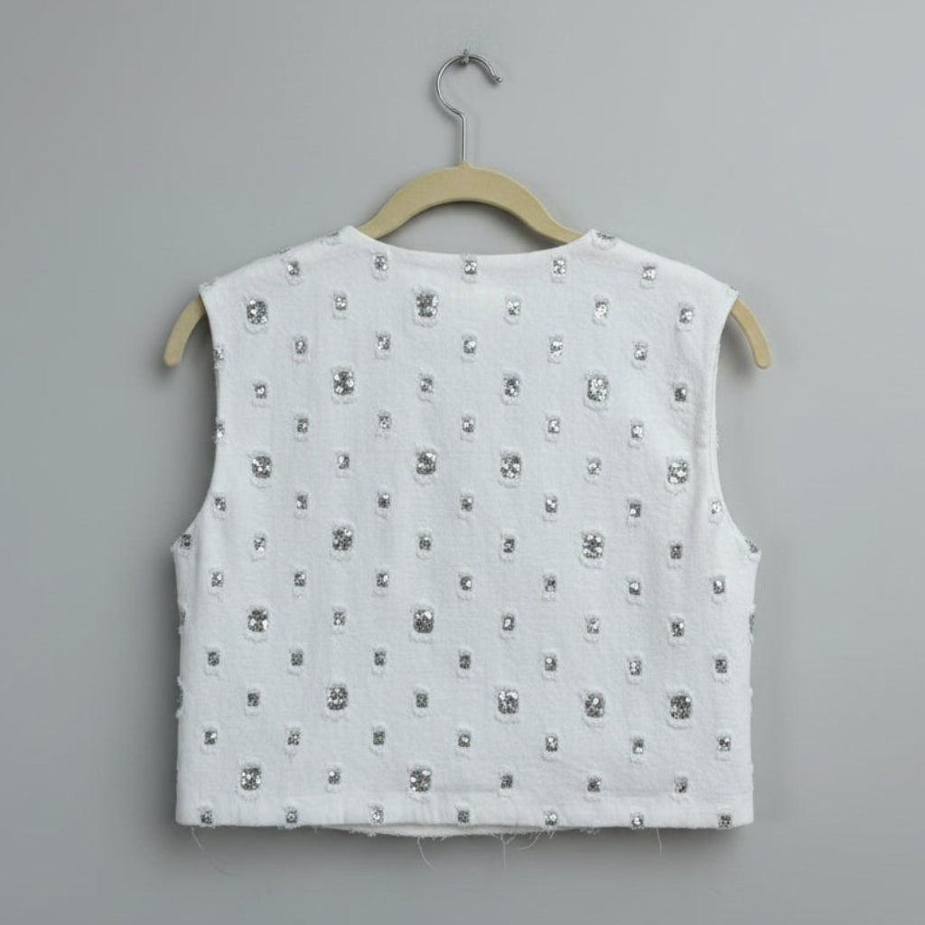 Zara White Sequin Embellished Sleeveless Vest Size XS | Textured Statement Top