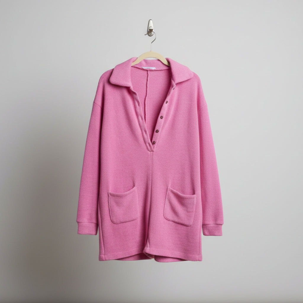 Talulah Hot Pink Knit Collared Romper Size S | Long Sleeve Button-Front Lounge Romper