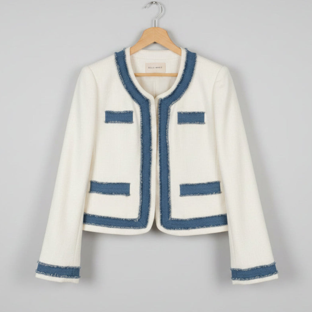 Elle Grey Contrast Trim Tweed Jacket Size S | Cream Cropped Blazer