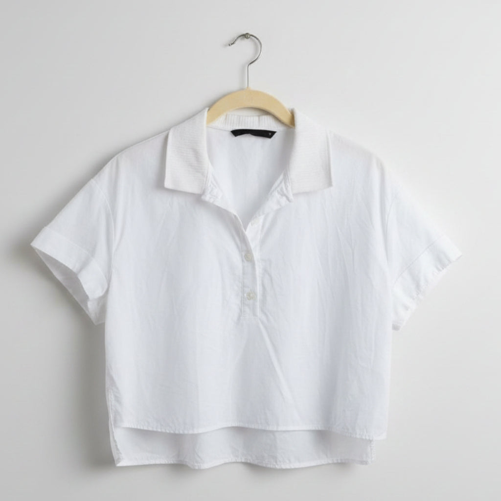 Zara White Ribbed Cropped Polo Shirt Size S | Women's Short Sleeve Knit Top