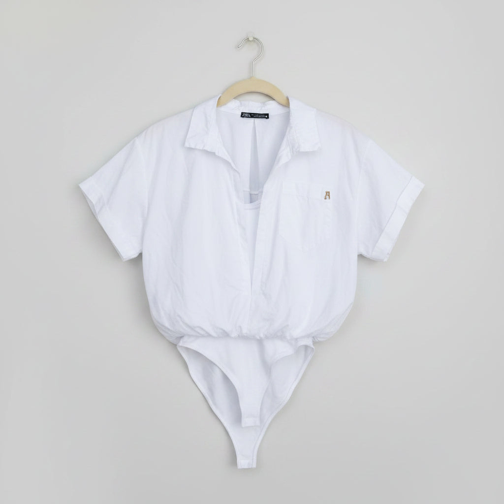 Zara White Collared Bodysuit Shirt Size S | Short Sleeve Cotton Wrap Bodysuit