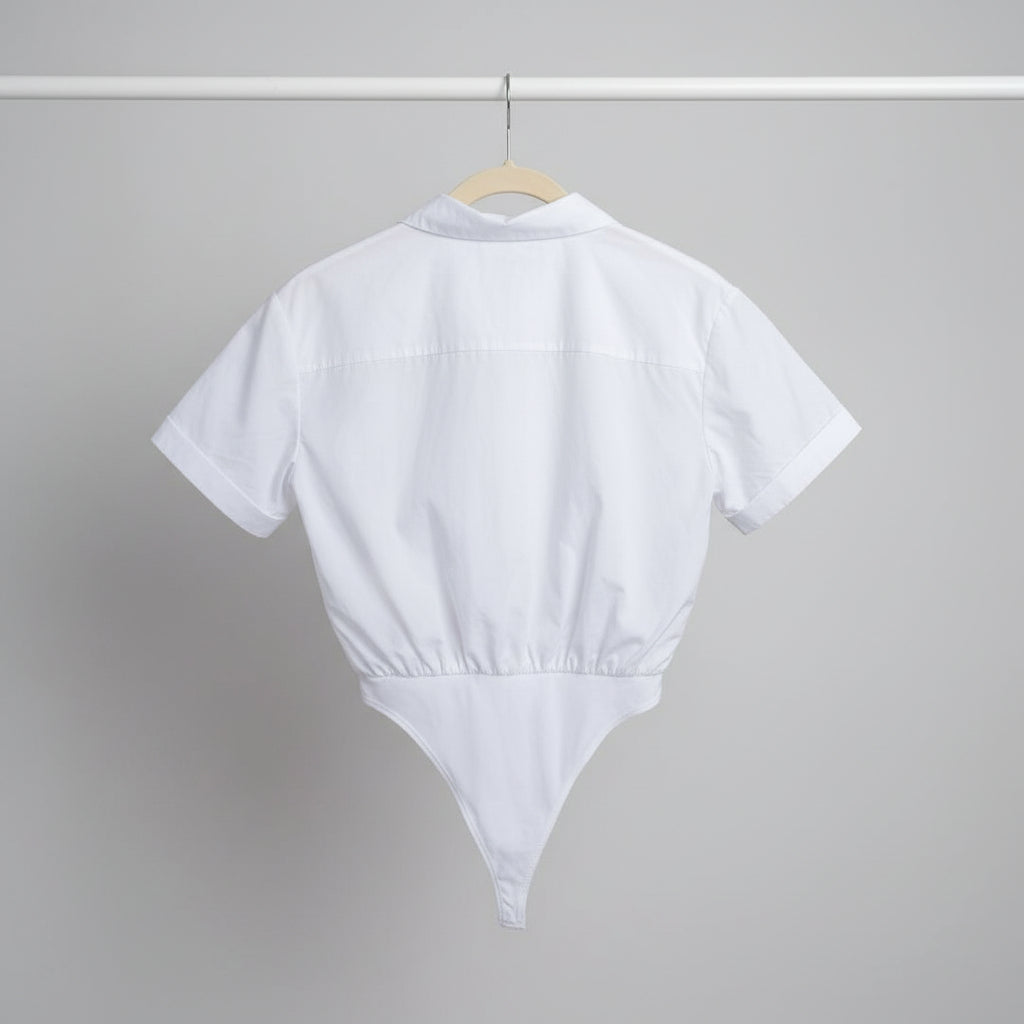 Zara White Collared Bodysuit Shirt Size S | Short Sleeve Cotton Wrap Bodysuit