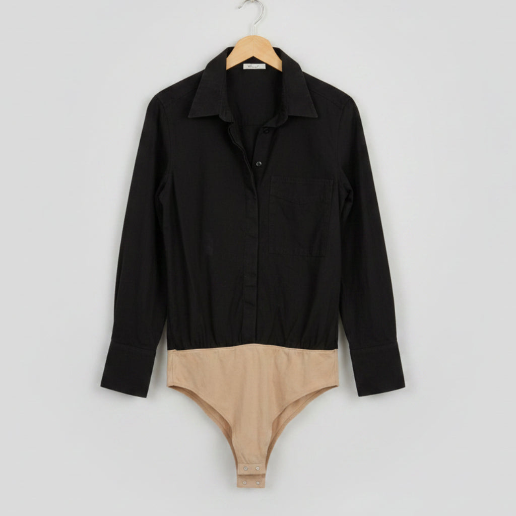 Hancock Black Button-Down Shirt Bodysuit Size S | Women's Collared Bodysuit