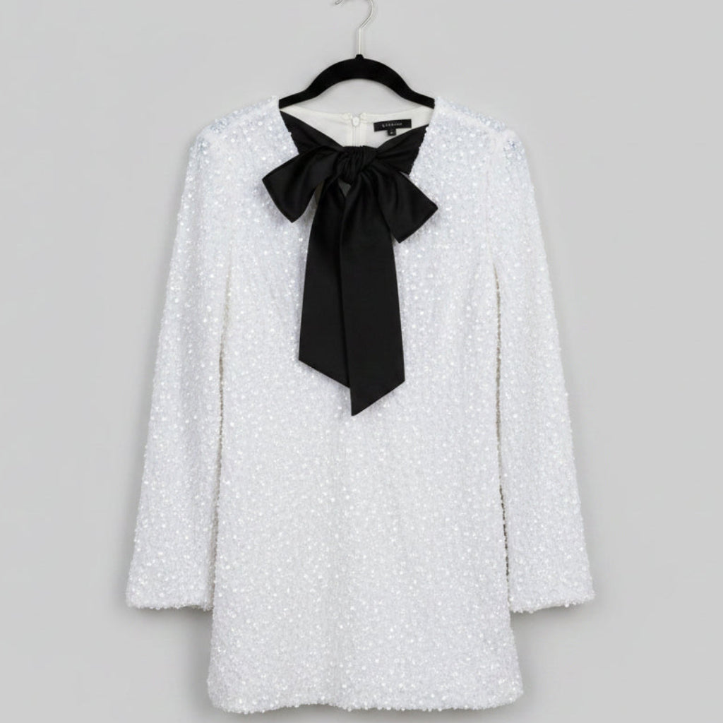 White Sequin Long Sleeve Dress With Bow Size Small