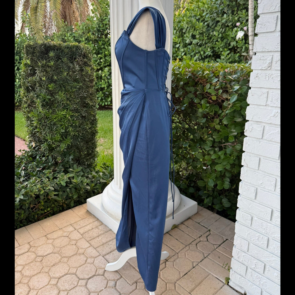 Cinderella Devine Corset Maxi Gown – Deep Blue, Lace-Up Back, Size 6