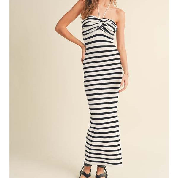 Miou Muse Striped Halter Maxi Dress Size M | Women's Sleeveless Maxi Dress