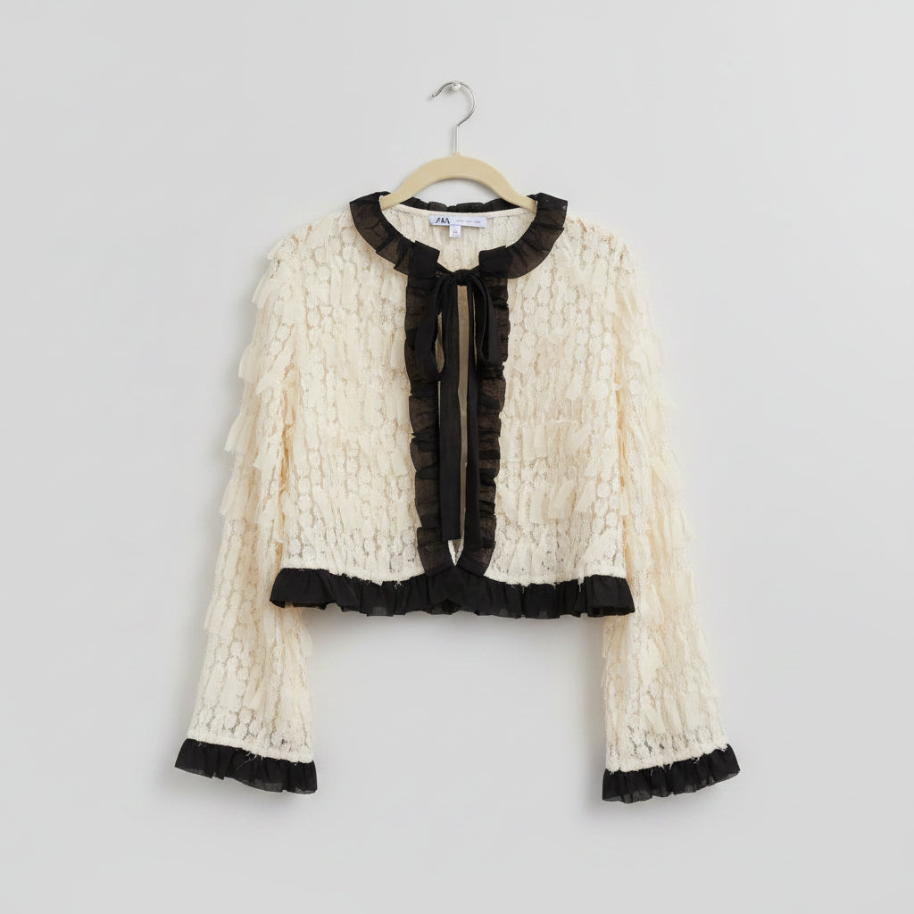 Zara Textured Lace Ruffle Cardigan Size S | Women's Knit Cardigan