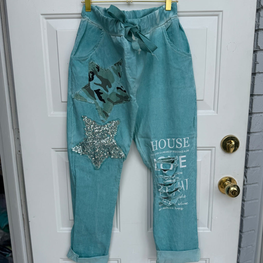 GIGI Moda Embellished Turquoise Joggers One Size | Women's Rhinestone Lounge Pants