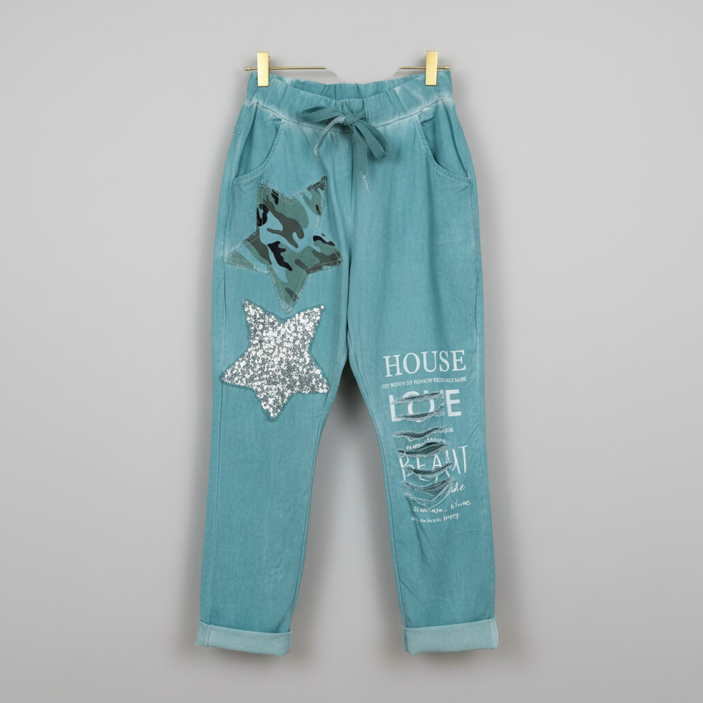 GIGI Moda Embellished Turquoise Joggers One Size | Women's Rhinestone Lounge Pants