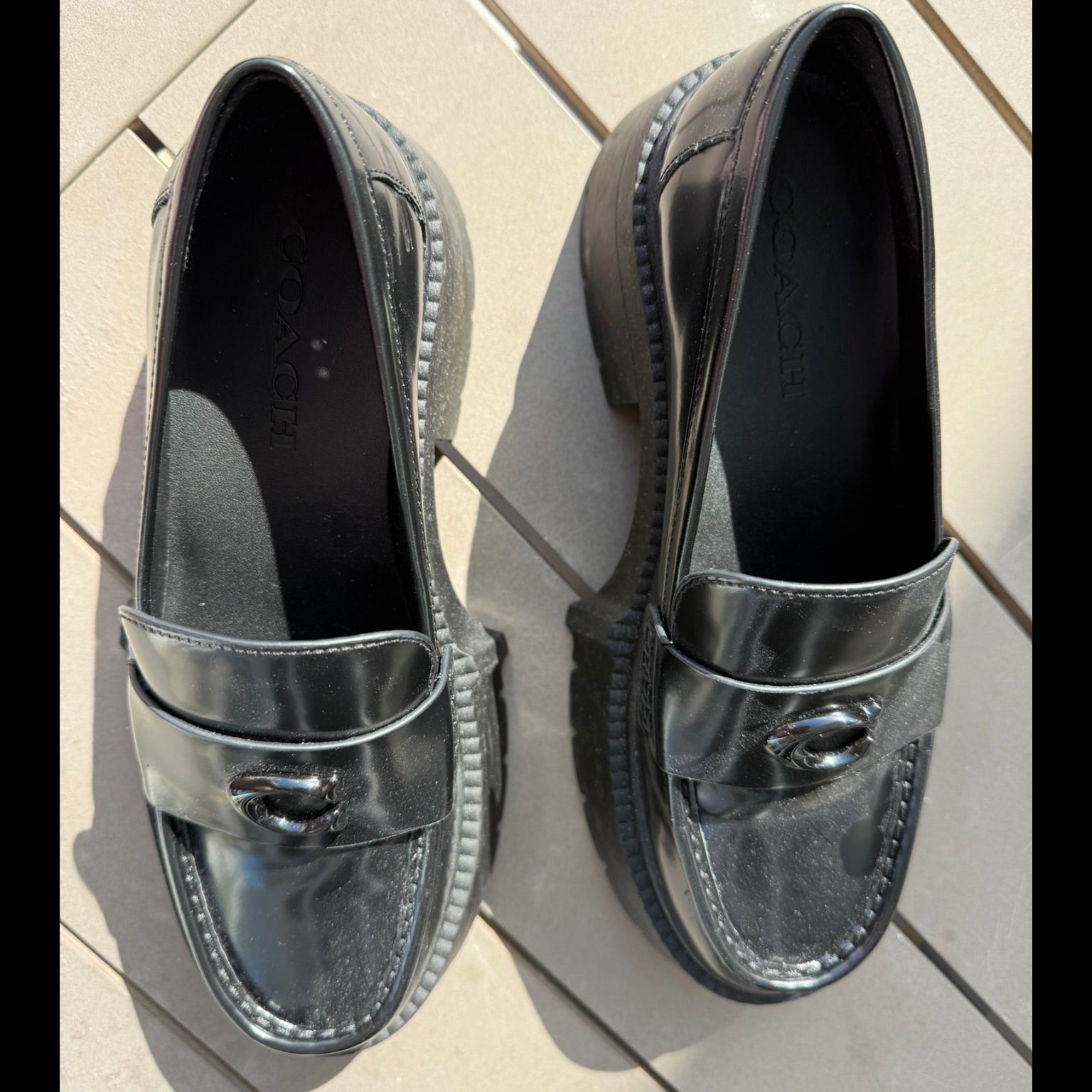 Coach Black Leather Lug Sole Loafers Size 7