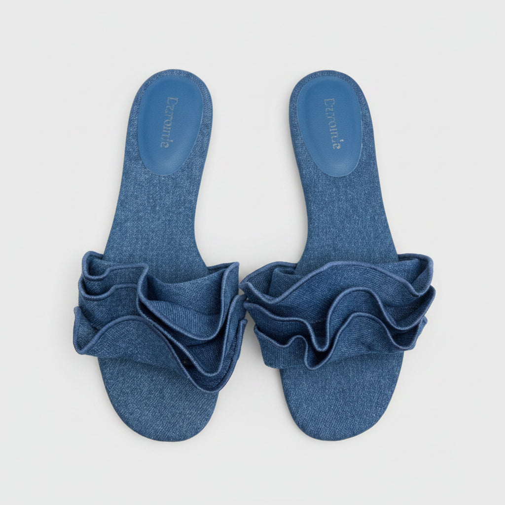 Larroudé Denim Ruffle Slide Sandals Size 8.5 | Women's Designer Flat Slides