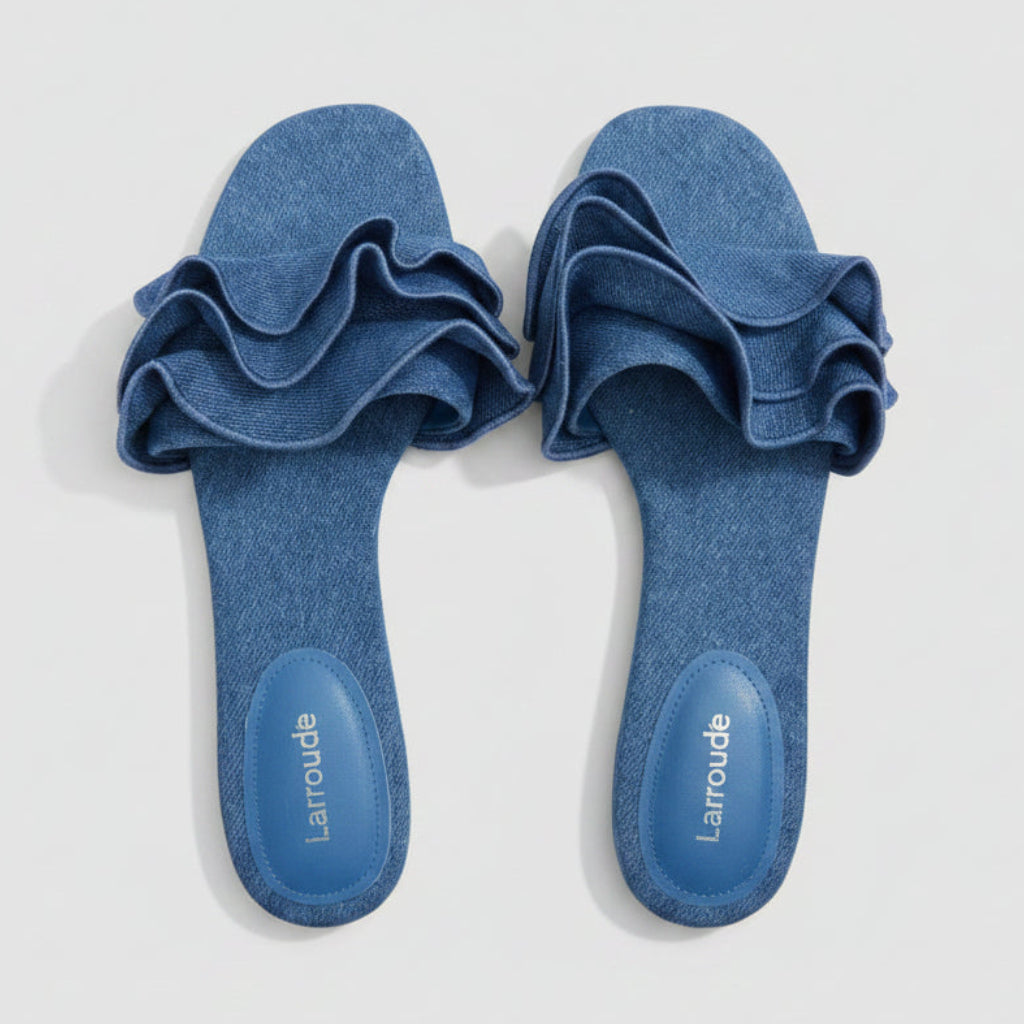 Larroudé Denim Ruffle Slide Sandals Size 8.5 | Women's Designer Flat Slides