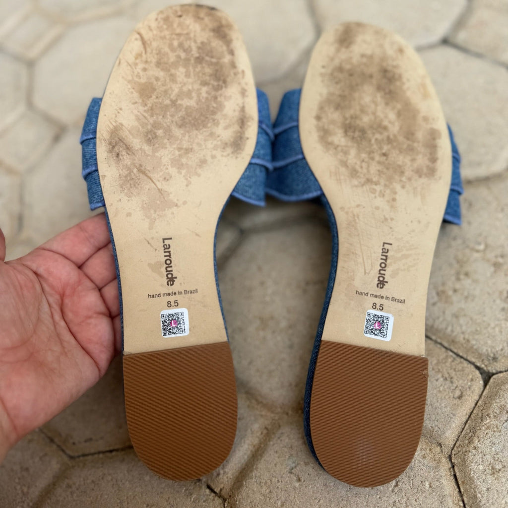 Larroudé Denim Ruffle Slide Sandals Size 8.5 | Women's Designer Flat Slides