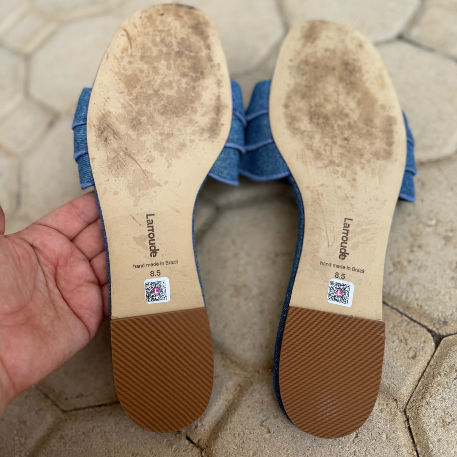 Larroudé Denim Ruffle Slide Sandals Size 8.5 | Women's Designer Flat Slides