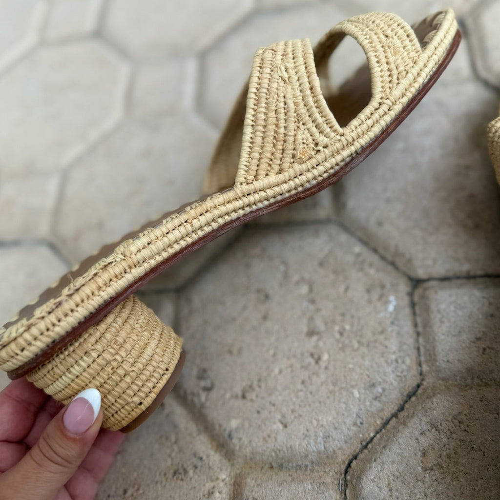 Carrie Forbes Woven Raffia Heeled Sandals Size 38 | Women's Designer Slide Sandals
