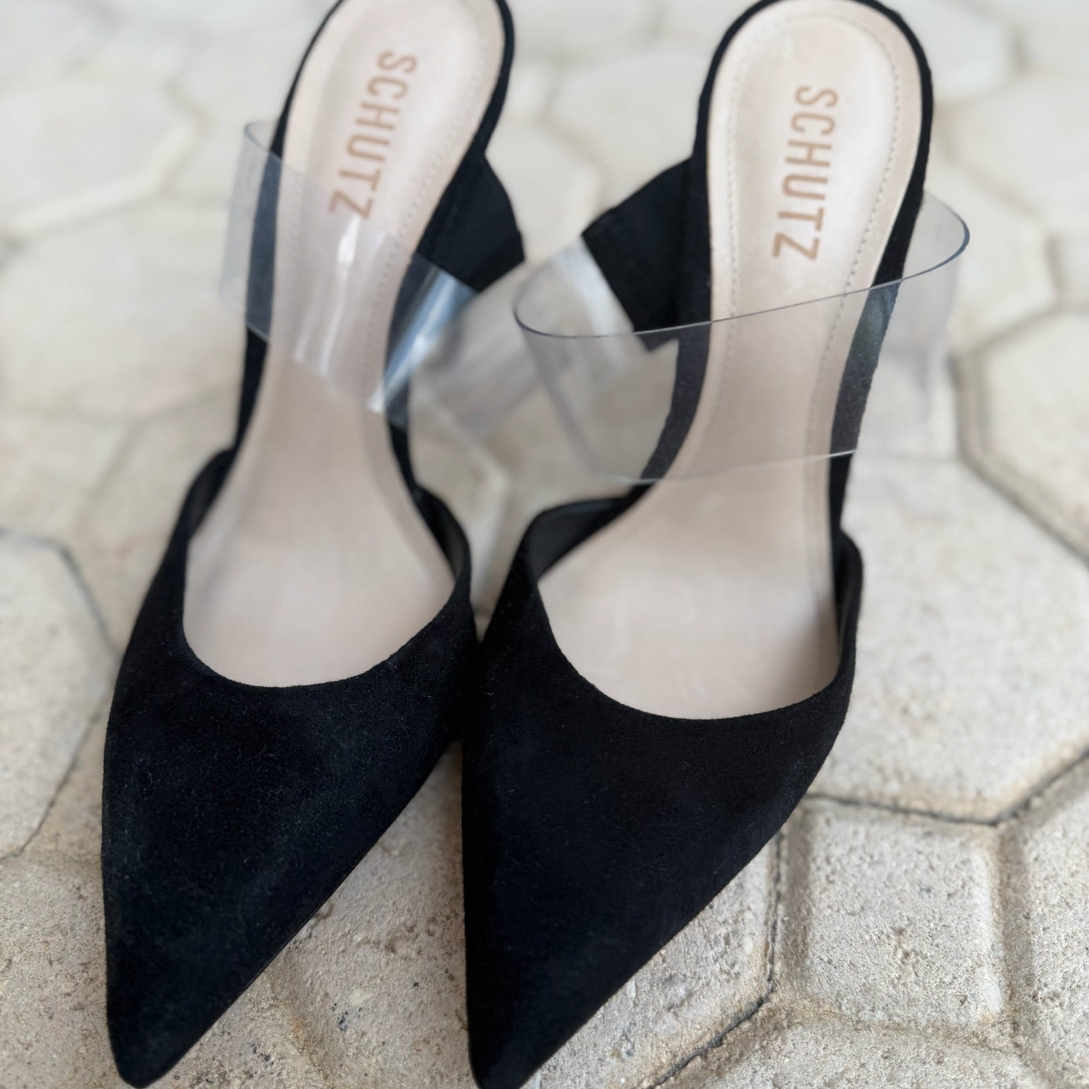 Schutz Black Suede & Vinyl Mules NWT Size 8 | Women's Pointed-Toe Designer Heels