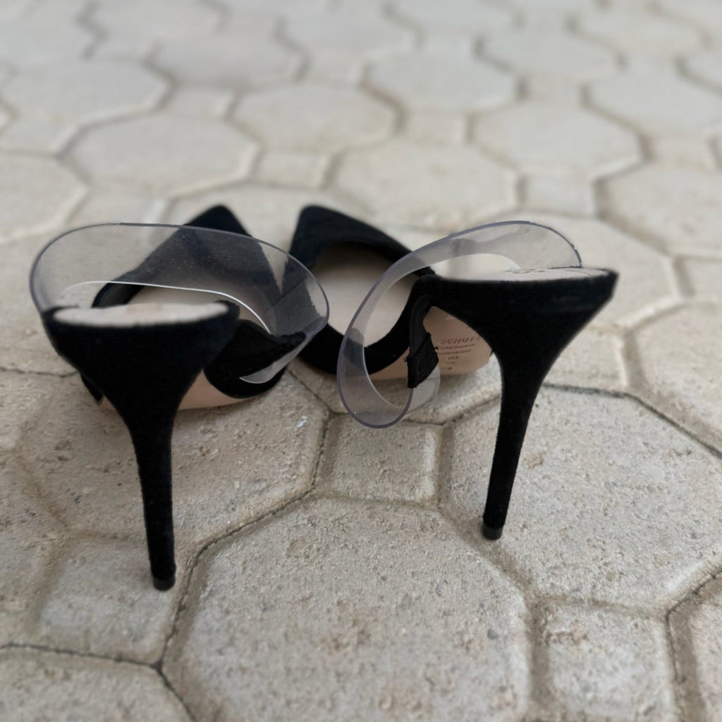 Schutz Black Suede & Vinyl Mules NWT Size 8 | Women's Pointed-Toe Designer Heels
