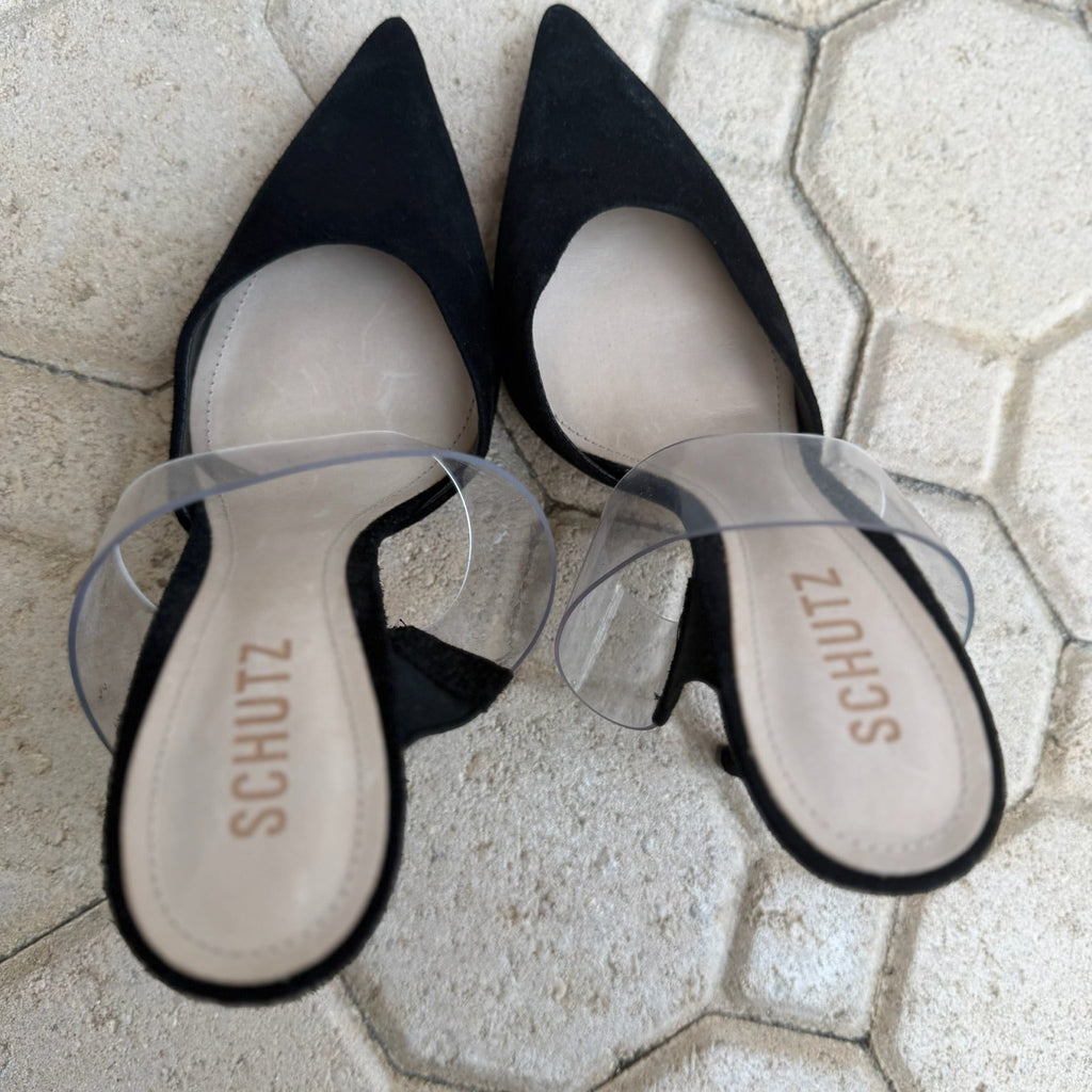 Schutz Black Suede & Vinyl Mules NWT Size 8 | Women's Pointed-Toe Designer Heels